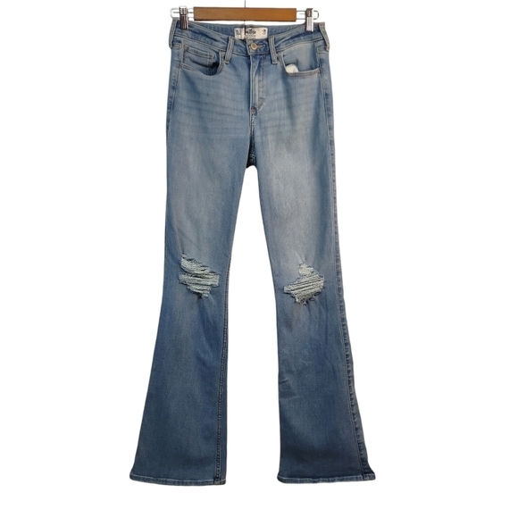 Hollister Jeans Women's Blue Curvy Mid-Rise Boot Distressed Jeans Sz 7L - Picture 1 of 10
